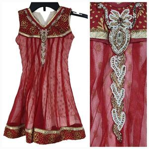 Girls Red/Gold Fancy Embroidered Indian Party Tulle Dress Churidar Gown 24 US 5